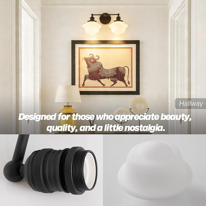 Vintage 2-Lights Wall Sconce Lights Black Bathroom Vanity Light with Milk Glass Double Sconce Wall Mounted Lamp for Bedroom Living Room Bathroom Mirror Kitchen Hallway Hardwire