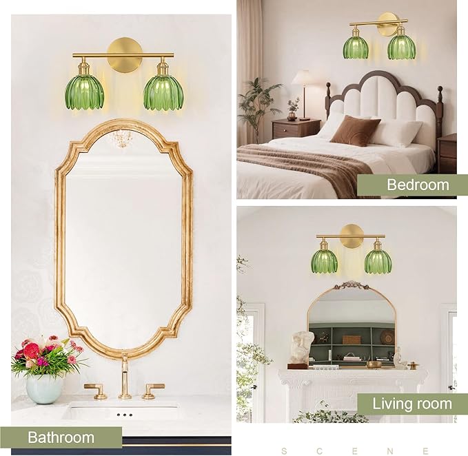 Gold Bathroom Light Fixtures Over Mirror, 2 Light Bathroom Vanity Light Fixture with Tulip Green Glass Lampshade, Vintage Vanity Lights for Bathroom, Bathroom Vanity Lights Over Mirror
