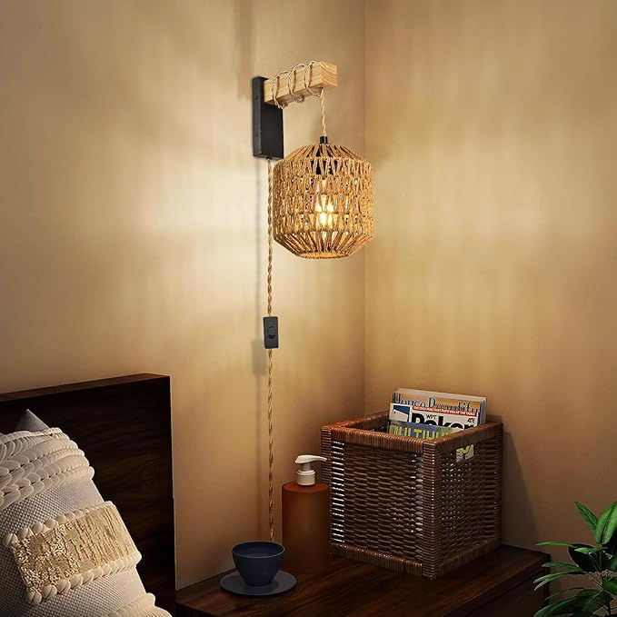 Boho Plug in Wall Sconces Set of Two,Vintage sconces wall Lighting for Bedroom Living Room Farmhouse Rattan Shade -Black