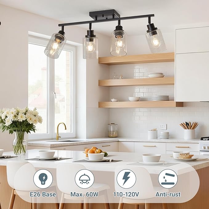 LOUSACE Flexible Track Lighting Kit, Black 4-Light Flush Mount Ceiling Spotlights with Seeded Glass, Bathroom Vanity Lighting Modern Track Light Fixtures Ceiling for Kitchen