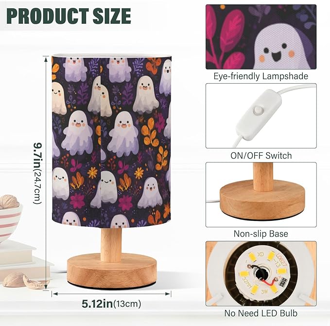 Aslsiy Cute Halloween Ghost Leaves Bedside Table Lamp Black Nightstand Lamp Night Light Fabric Shade for Bedroom Living Room Home Office