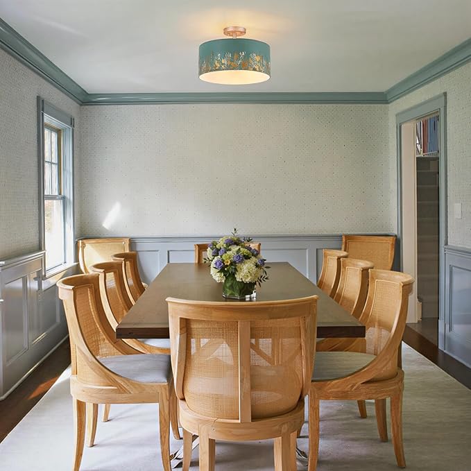 14.96" Modern Vintage Semi Flush Mount Ceiling Light,3-Light Blue Ceiling Light Fixture with Hand-Brushed Gold Finish,Dimmable Hallway Light Fixtures for Bedroom,Kitchen,Entryway,Foyer