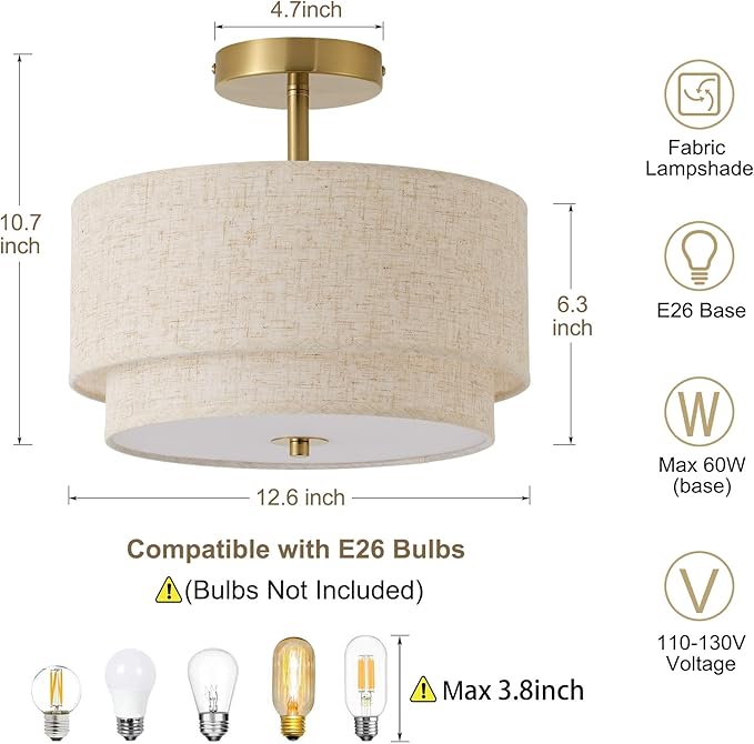 12.6" Flush Mount Ceiling Light Fixture,Gold 3-Light Modern Ceiling Light with Fabric Shade in Double Drum-Shape for Bedroom Hallway Nursery Living Room Kitchen Island(2-Tier Gold)