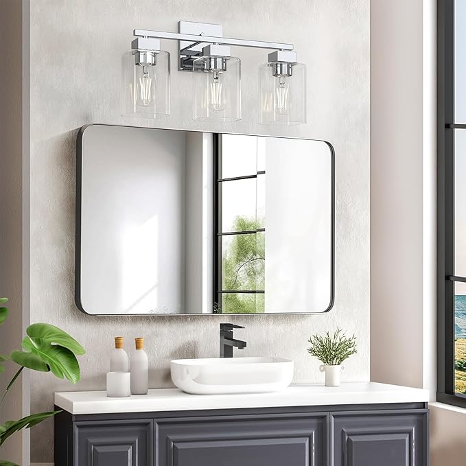 Espird Chrome Bathroom Vanity Light - 3 Light Bathroom Light Fixture Square Design & UL Certification, Bath Room Lighting Fixtures Over Mirror, Modern Vanity Lighting Fixture for Living Room