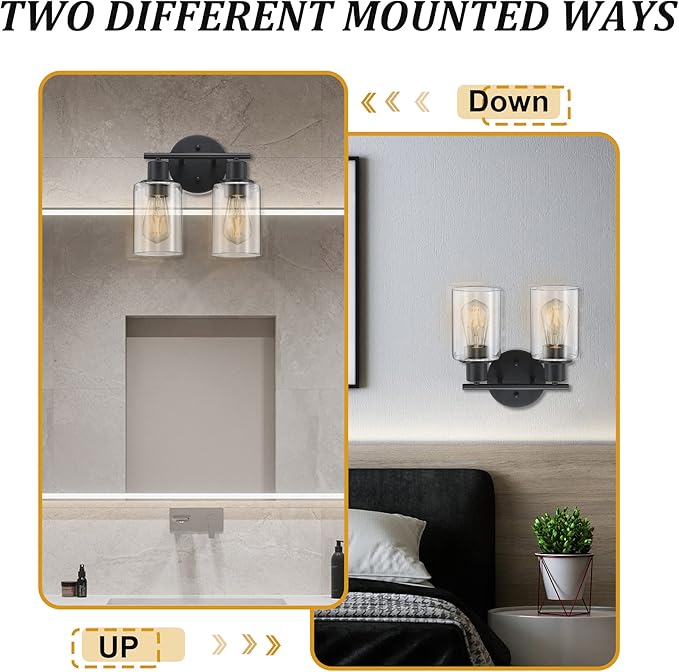 Bathroom Vanity Light Fixtures, 2-Light Black Vanity Light with Glass Shades, Matte Black Vanity Lights for Bathroom, Bathroom Lights over mirror Wall Sconces for Mirror Living Room Bedroom Hallway