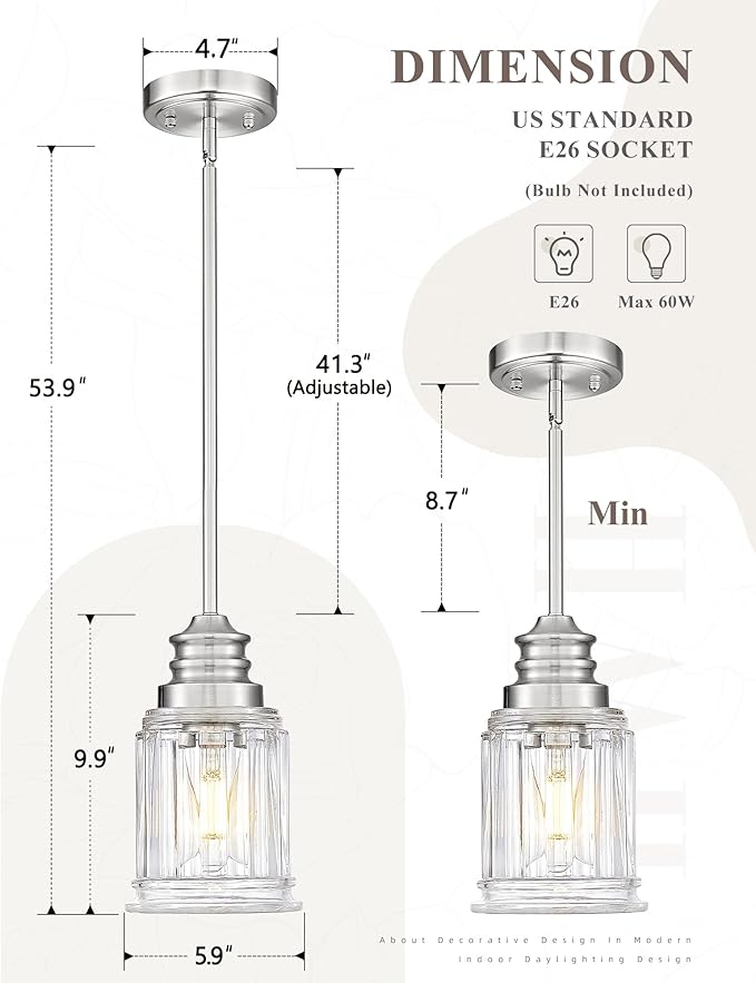 HWH Pendant Light Kitchen Island, Bell-Shaped Fluted Clear Glass Pendant Light, Pendant Lighting Height Adjustable for Dining Room, Brushed Nickel, 5HZG106MIL-L BN