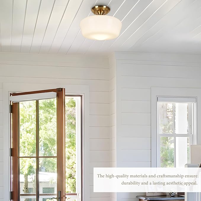Schoolhouse Style Semi Flush Mount Ceiling Light with Dimmable Bulb Remote Control, 12" Modern Gold Hallway Ceiling Lamp with Opal Milk Glass Shade, Farmhouse Globe Light for Bedroom Kitchen Laundry