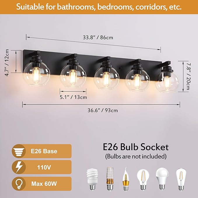 LmnLvn Bathroom Light Fixtures, 5-Light Matte Black Vanity Lights, Modern Bathroom Lighting Fixtures Over Mirror, Farmhouse Vanity Lights with Glass Shade for Living Room, Bedroom, Hallway