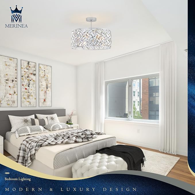 Chrome Crystal Chandelier, 18" Modern Drum Ceiling Light Fixture, 6-Light Semi Flush Mount Pendant with K9 Crystals, Round Hanging Lighting for Dining Room, Living Room, Bedroom, Kitchen, Hallway