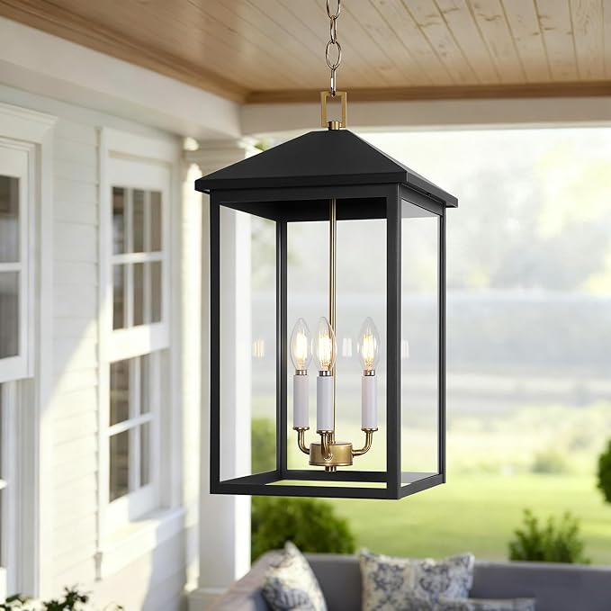 LamQee 21.2'' Large Outdoor Pendant Light Fixtures, 3-Light Modern Black Exterior Ceiling Hanging Lantern with Gold and White Candle, Outside Chandelier Lighting for Front Porch Entryway Patio Gazebo