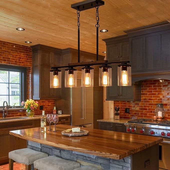 Farmhouse Dining Room Light Fixture, 2026 Upgrade 5-Light Pendant Lights Kitchen Island Lighting, 32.4" Black Farmhouse Chandeliers for Dining Room Chandelier Over Table with Wood Clear Glass Shade