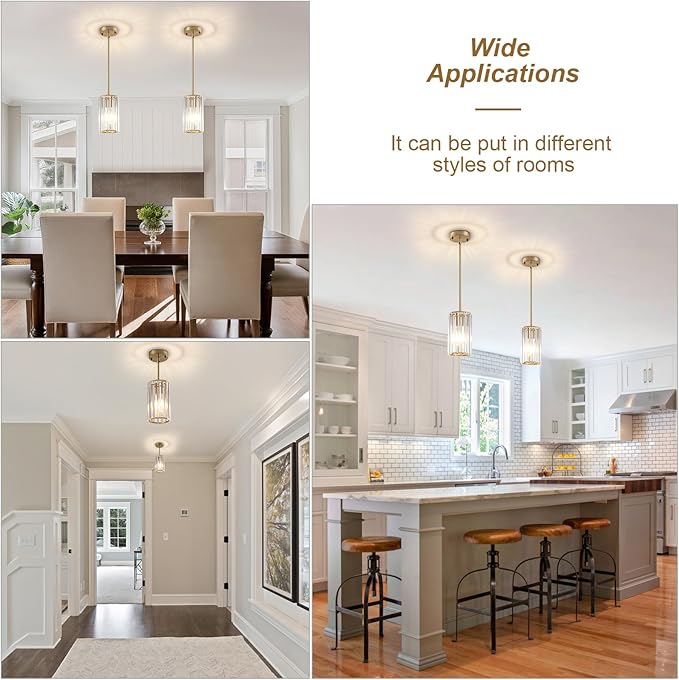 Gold Modern Crystal Pendant Lights Hanging Light Fixture, 2 Pack Pendant Lights Kitchen Island Adjustable Mini Pendant Lighting Fixtures for Kitchen Island Dining Room Hallway Bedroom