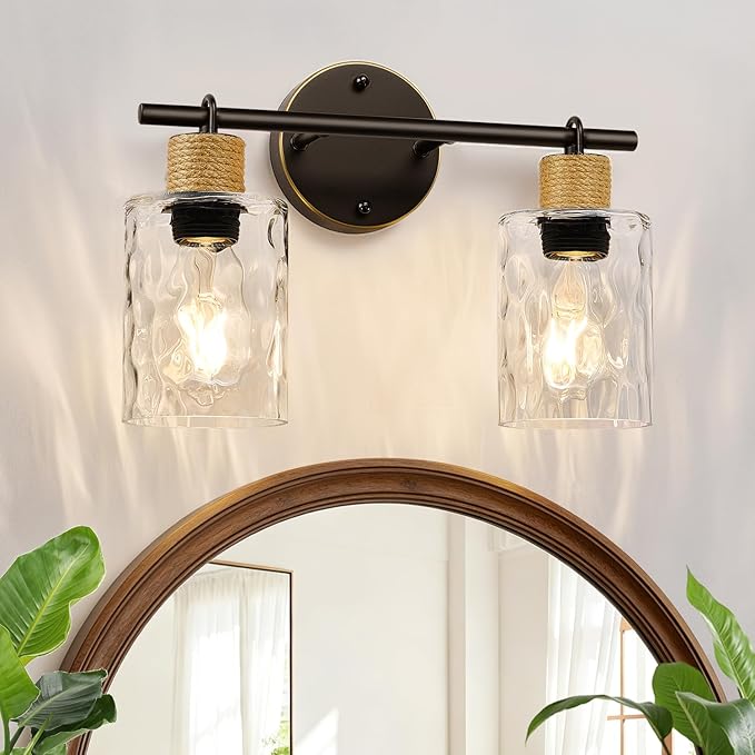 MOKATNG Bathroom Light Fixtures, 2-Light Coastal Vanity Lights with Crystal Glass Shade, Brown and Gold Bathroom Wall Lamp for Mirror Kitchen Hallway Cabinet