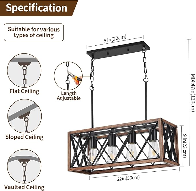 KEESFU 4-Light Farmhouse Linear Chandelier for Dining Room,Adjustable Rustic Pendant Light with Wood Grain Finish for Kitchen Island & Dining Table,Farmhouse Kitchen Lighting fixtures Ceiling.