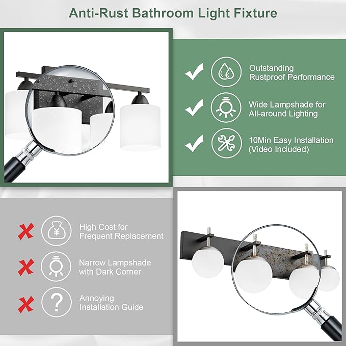 Black Bathroom Lighting Fixtures Over Mirror, 4-Light Anti-Rust Vanity Light for Bathroom, 24Inches Modern Wall Sconce, Standard E26 Base, Milky White Glass Shades, Bulbs Not Included