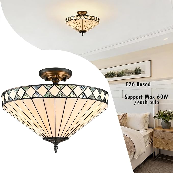 DEYNITE Tiffany Style Ceiling Light Stained Glass Shade, 3-Light Black Semi-Flush Light Fixture 16 Inches for Bedroom Hallway Dining-Dimmable, E26 Base