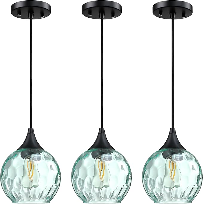 6.3" Hammer Green Glass Pendant Light 3 Pack Pendant Ceiling Light Fixtures Black Finish Modern Farmhouse Dinning Over Sink Adjustable Height Cord