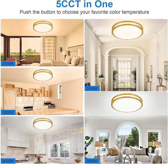 DLLT Flush Mount LED Ceiling Light: 2Pack 16 Inch 5CCT (3000K-6000K) & Dimmable Ceiling Light Fixtures for Bedroom Hallway - 36W Modern Gold Super Bright Kitchen Lighting Fixtures Ceiling
