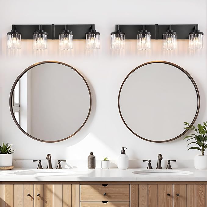 Modern Crystal Bathroom Light Fixtures, 4 Light Black Farmhouse Vanity Lights, with Crystal Glass Shade, Industrial Bathroom Lighting Fixtures Over Mirror Wall Light for Bedroom Living Room