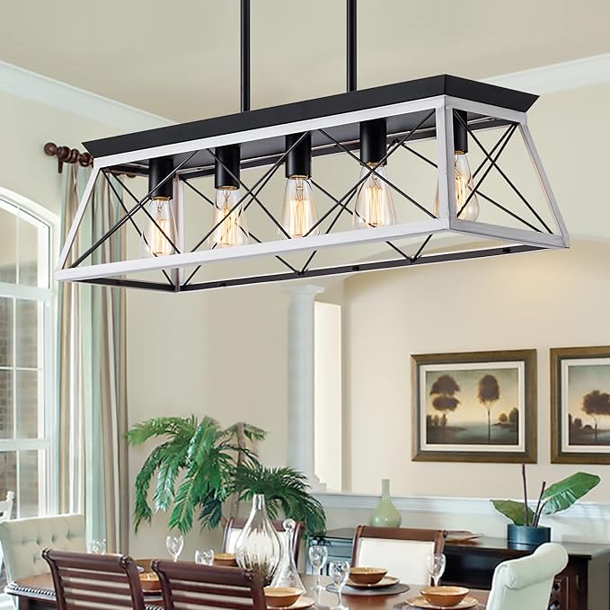 5-Light Pendant Lights Fixture, Farmhouse Chandeliers for Dining Room, Rustic Island Lights for Kitchen, Rectangular Chandelier Rustic Farmhouse Light Fxiture