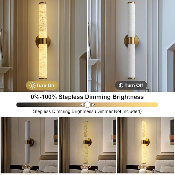 Alabaster Wall Sconces, 24" Brass Wall Sconce, Cylinder Natural Spanish Marble Sconces Wall Lighting, Modern Gold Dimmable Wall Lights for Living Room Bedroom Bathroom Stairs Hallway Entryway