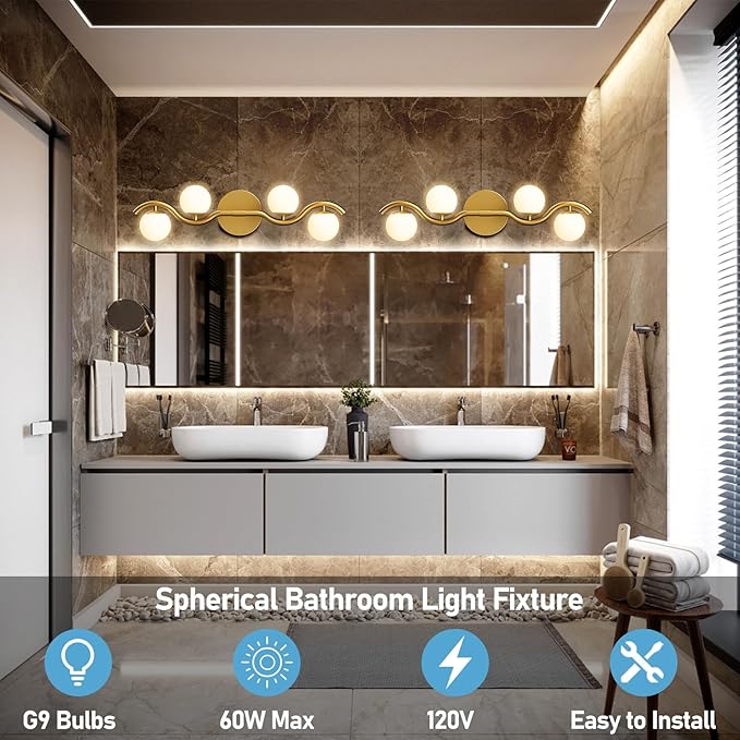 Lightdot 27" 4-Light S-Frame Gold Bathroom Vanity Light | Shatterproof Plastic Shades | Compatible with TRIAC Dimmers | G9 Socket & Bulbs Included