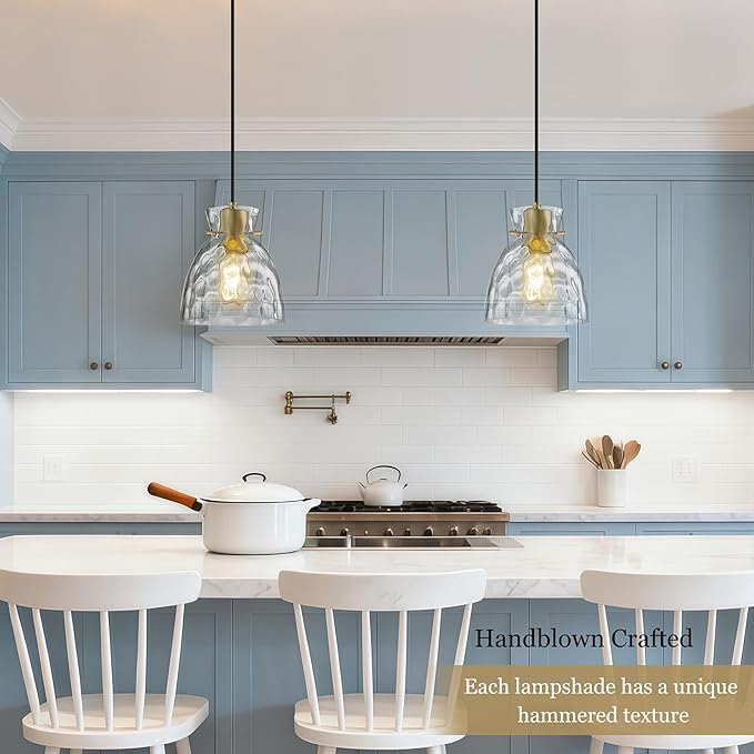 Black Gold Pendant Lights Kitchen Island 2 Pack, 5.9" Small Mini Brushed Brass Hammered Glass Pendant Light Fixtures, Modern Hanging Lights Kitchen Pendant Lighting over Sink Bathroom Dining Room
