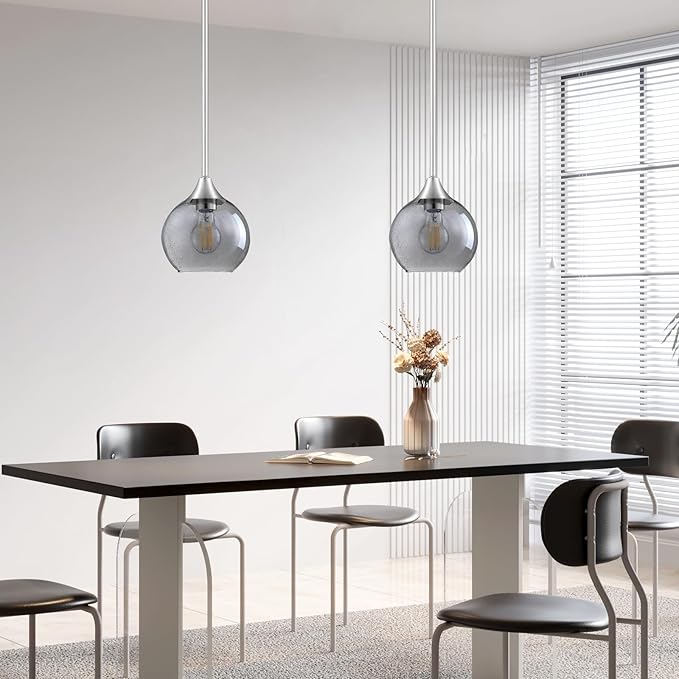 Pendant Lights Kitchen Island 2 Pack, Grey Seeded Glass Pendant Light Fixtures & Adjustable Rods, Brushed Nickel Kitchen Island Lighting, Modern Island Lights for Kitchen Dining Room E26 Base