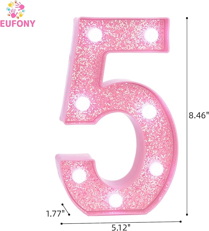 Pink Light Up Marquee Numbers, Glitter LED Number Lights Signs Battery Operated for Girls 5th 15th 25th Pink Birthday Party Table Decorations, 8 Inch Tall Number 5 with Cool White Lights