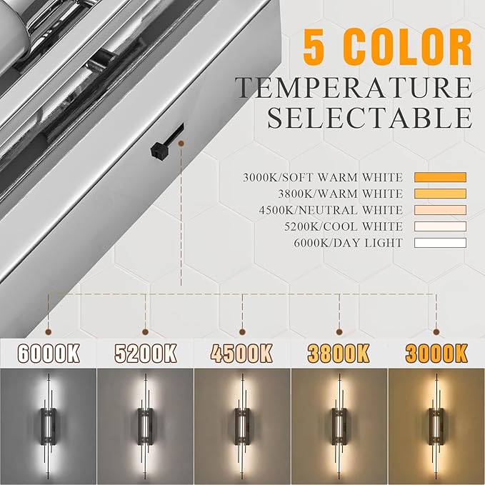 31" Chrome Bathroom Vanity Light Dimmable 5CCT Bathroom LED Wall Light Over Mirror Modern Wall Mount Lighting Fixture Hardwired