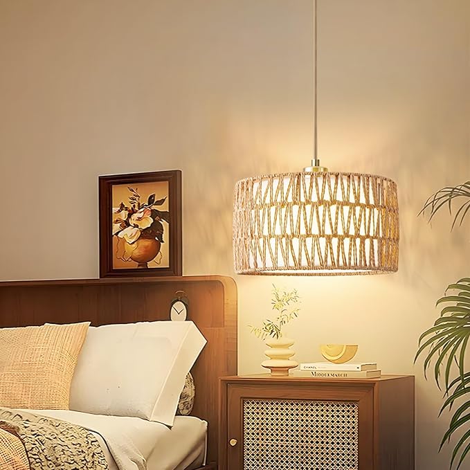 Plug in Pendant Light Rattan Hanging Lights with Plug in Cord, Woven & Fabric 2 in 1 LampShade, Hanging Lamp Plug in for Bedroom Living Room Kitchen Island (Bulb Included)