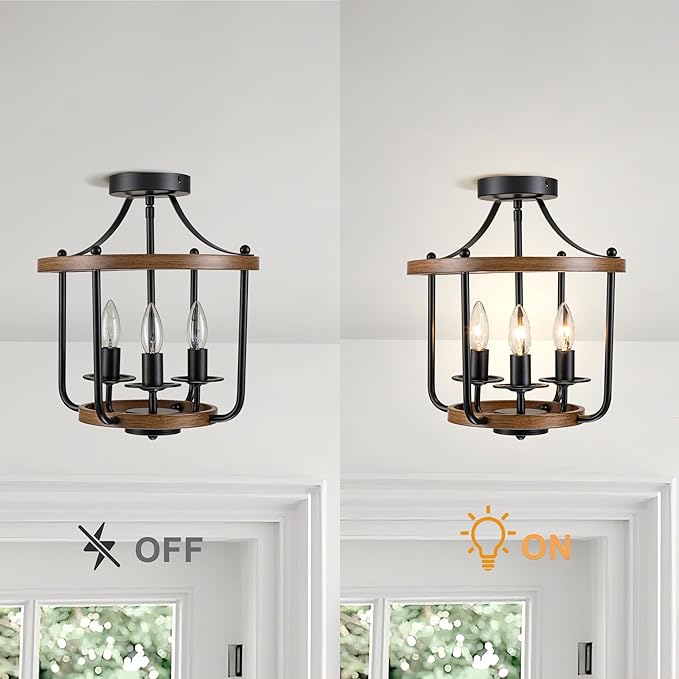 Farmhouse Semi Flush Mount Ceiling Light Fixtures, Industrial Rustic Ceiling Lamp Metal Cage Hallway Light Fixtures(3-Light Wood Finish)