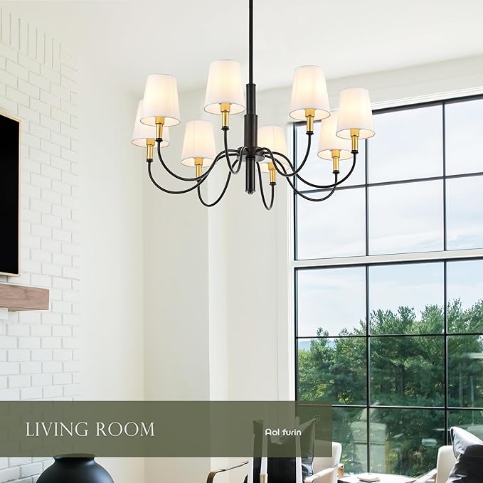 8-Light Black Modern Chandelier with White Fabric Shade, 35" Farmhouse Pendant Ceiling Light Fixture for Dining Room Foyer Living Room