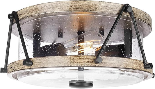 Flush Mount Ceiling Light Fixture, Brown Farmhouse Ceiling Lamp with Seeded Glass Shade, Multi-Purpose 12 Inch light fixtures ceiling mount for Bedroom, Entryway, Kitchen, Hallway, Dining Room