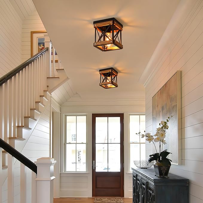 Rustic Farmhouse Wood Flush Mount Ceiling Light Fixture Oak Wood and Metal Square Cage Small Semi Flush Mount Ceiling Light for Kitchen Hallway Entryway Bedroom Farmhouse Country, Black