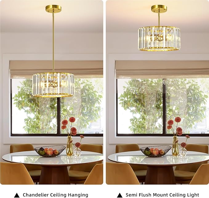Gold Crystal Ceiling Light, Modern Semi Flush Mount Ceiling Lighting Fixture, Round Hallway Lighting Fixtures Chandelier Pendent Light for Foyer Kitchen Entryway Bedroom Dining Room, 3-Light,11.8Inch