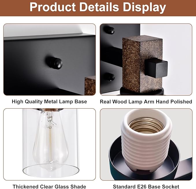 Rustic Wall Sconces Set of 2,Hardwired 1-Light Brown Wood Farmhouse Sconce with Clear Glass Cylinder Shade,Matte Black Metal Wall Light,E26 Indoor Bathroom Vanity Fixture for Mirror,Bedroom,Hallway