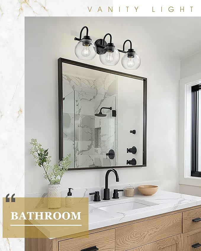Bathroom Light Fixtures, 3-Light Matte Black Vanity Lights with Globe Clear Glass, Modern Vanity Lighting Fixtures Over Mirror, AD-22280-3W-BK