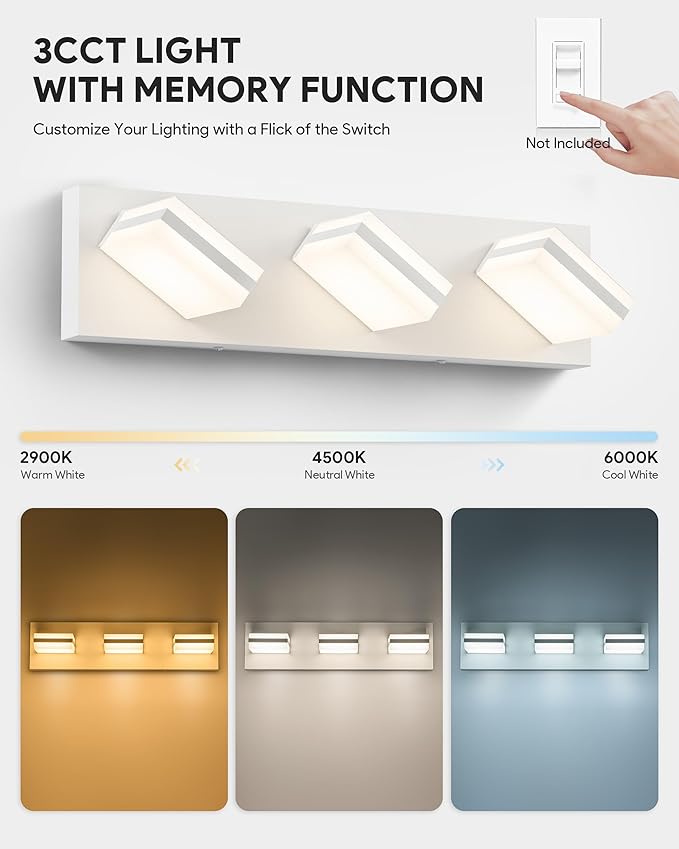 VONLUCE Bathroom Vanity Light Fixture, 3-Light Modern LED Vanity Lights, 3CCT Adjustable Bathroom Light with Memory Function Rotatable Shades, 18" Wall Lighting Fixture Over Mirror, Matte White