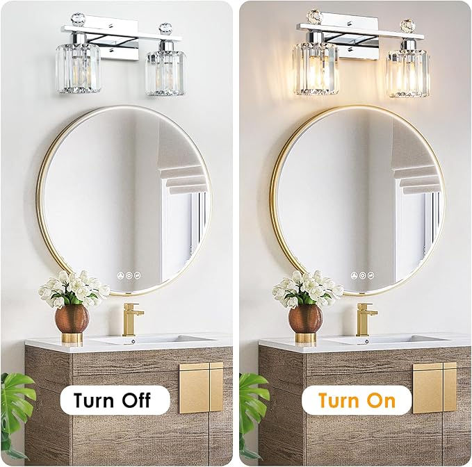 2-Light Silvery Bathroom Light Fixtures,Modern Bathroom Vanity Lights Fixture with Clear Crystal Glass Shade,Brushed Silvery Bath Wall Mount Lights, Light Fixtures for Bedroom Living Room