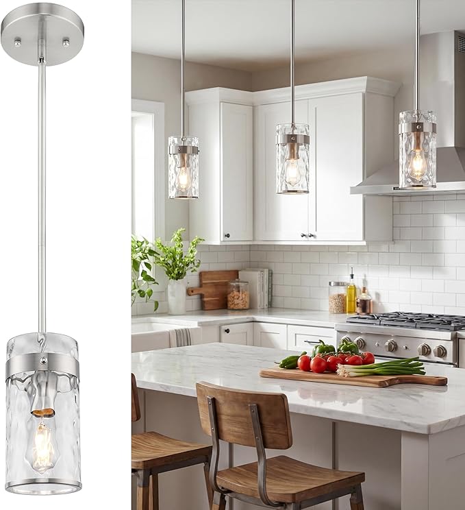AUTELO Glass Pendant Light, Brushed Nickel 1-Light Island Pendant Lights for Kitchen with Hammered Glass, Modern Hanging Lamp with Adjustable Rods for Dining Room Bedroom Kitchen Sink, H-2529 HMST