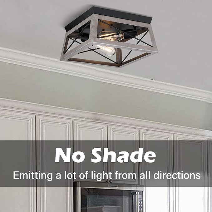 Pia Ricco Flush Mount Ceiling Light Fixture, Industrial Outdoor Ceiling Light for Front Porch, Rustic Farmhouse Style, Modern Square Light for Entry, Hallway, Kitchen, Grey