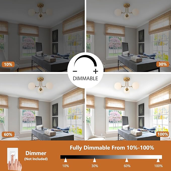 Modern Semi Flush Mount Ceiling Light 3-Light,Globe White Glass Shade Semi Flush Mount Ceiling Light, Sputnik Chandeliers for Bedroom Hallway Dining Room Lighting Fixture