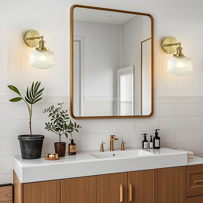 Vintage Wall Sconces with Clear Pumpkin Glass Lampshade, Indoor Bathroom Wall Sconce, Modern Gold Industrial Lighting Fixture for Mirror Living Room Hallway 1 Pack