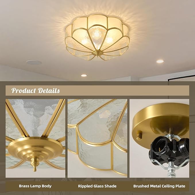 Brass Vintage Gold Ceiling Light - Large 17.7 Inch Hammered Glass Mid Century Flush Mount Lighting Fixtures - Art Deco Antique Modern Lamps for Hallway Bedroom Kitchen Entryway Laundry Foyer Bathroom