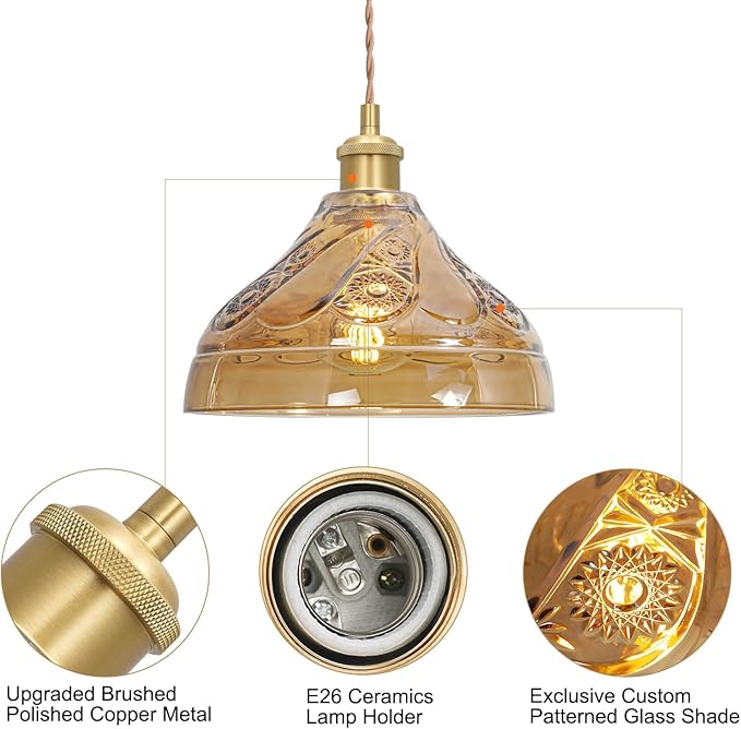 Brushed Gold Pendant Lights Kitchen Island, Vintage Brown Glass Pendant Light, Adjustable Height E26 Socket Light for Kitchen Island, Dining Room,Entryway,Bedroom, Farmhouse Industrial Modern Decor