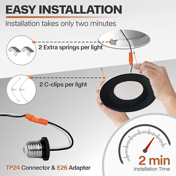 POWERASIA 24 Pack Black 5/6 Inch LED Can Lights with Night Light, 5CCT Retrofit Recessed Lighting Selectable 2700K-6000K Dimmable, 12W=75W, 1200LM Downlight with Metal Smooth Trim-ETL and Energy Star