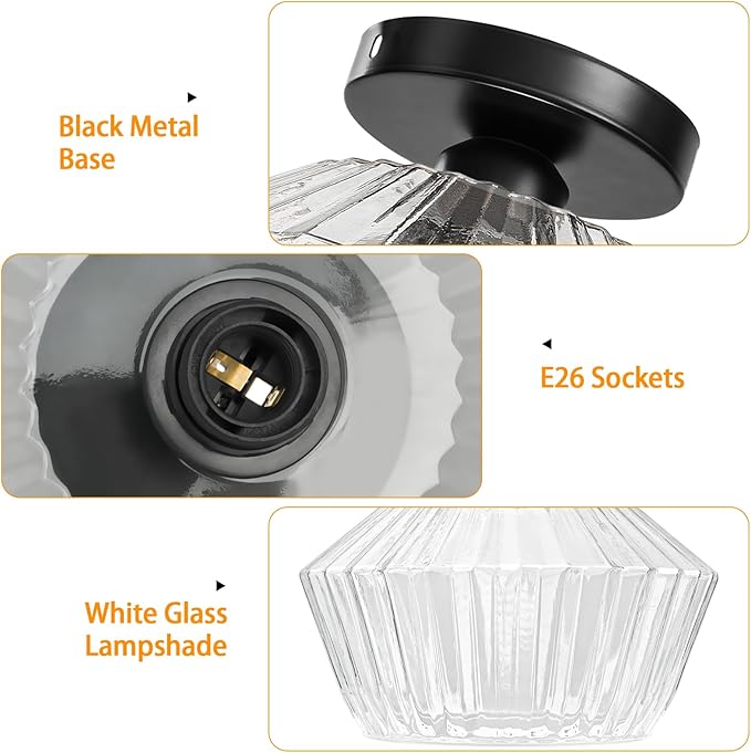 FRIDEKO HOME Semi Flush Mount Ceiling Light - Glass Hallway Lighting Fixtures Ceiling Black Ceiling Light Fixture for Hallway Bedroom Kitchen Bathroom Entryway (Black)