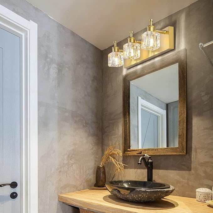 PRESDE Bathroom Vanity Lights Modern Crystal Gold 3 Light Bathroom Lights Fixtures Over Mirror Vanity Light for Bathroom