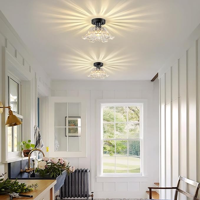 Modern Flower Glass Ceiling Light, Mid-Century Lighting Fixtures, Black Semi Flush Mount Ceiling Light for Hallway, Kitchen, Laundry Room, Bathroom, Entryway, 11 in